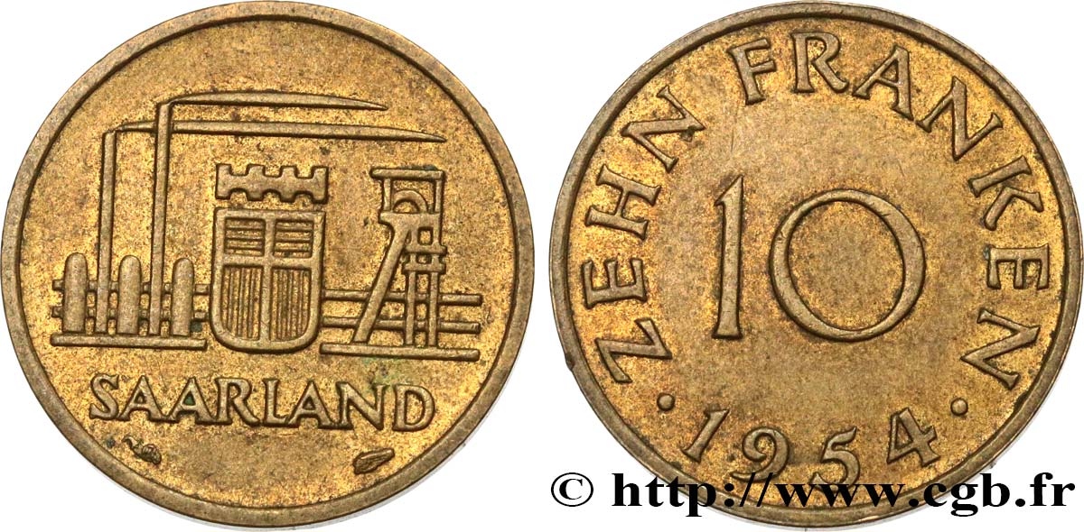 SAAR TERRITORIES 10 Franken 1954 Paris AU 
