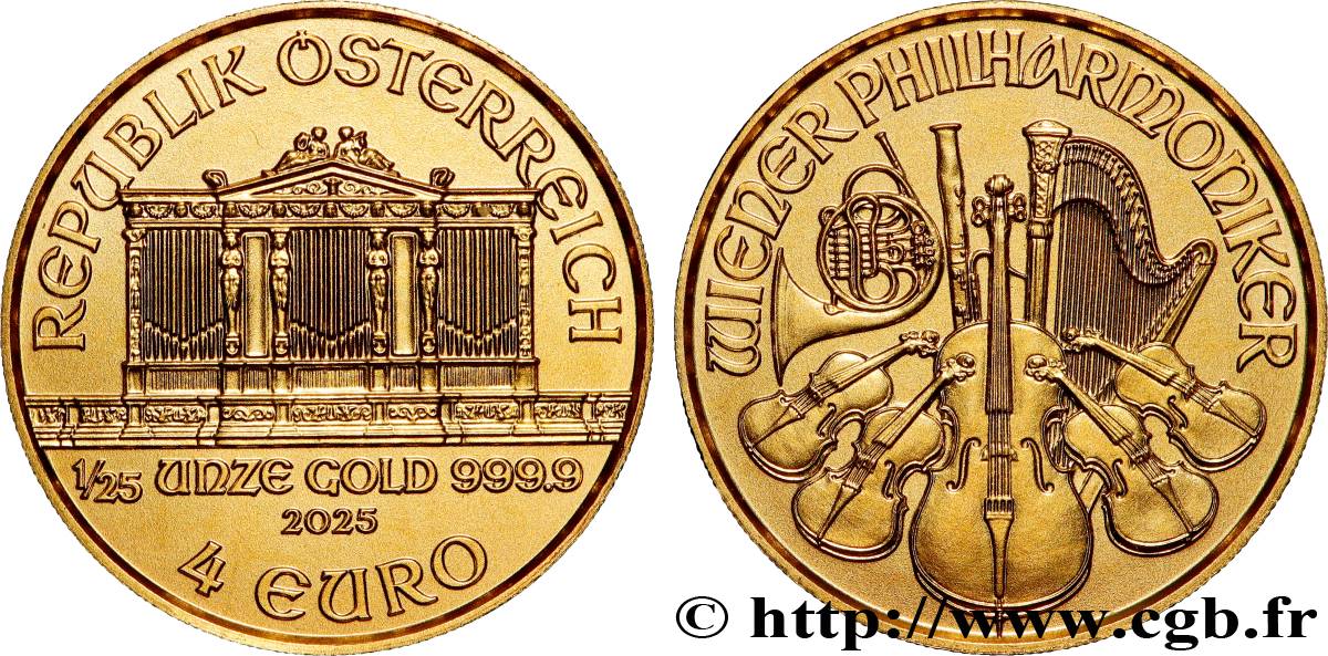GOLD, PALLADIUM & PLATINUM INVESTMENT 1/25 Oz - 4 Euro LE PHILARMONIQUE DE VIENNE 2025 MS
