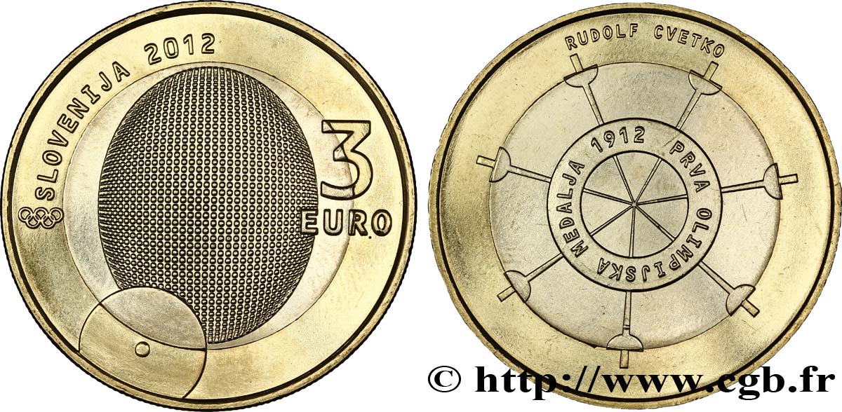 SLOVÉNIE 3 Euro CENTENAIRE DE LA PREMIÈRE MÉDAILLE OLYMPIQUE 2012 SPL