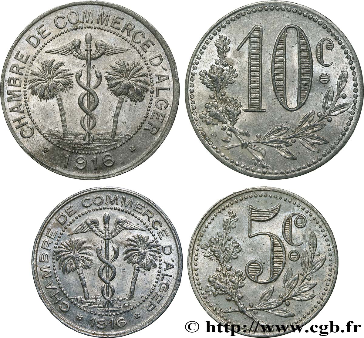 ALGERIA Lot de 10 et 5 Centimes Chambre de Commerce d’Alger caducéee entre deux palmiers SPL