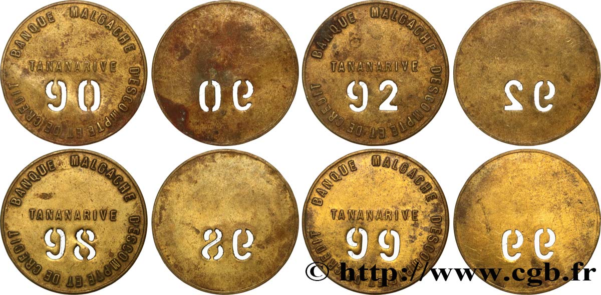 MADAGASCAR Plaques de commissionnaire uniface n°90, n°92, n°98 et n°99, lot de 4 ex. XF