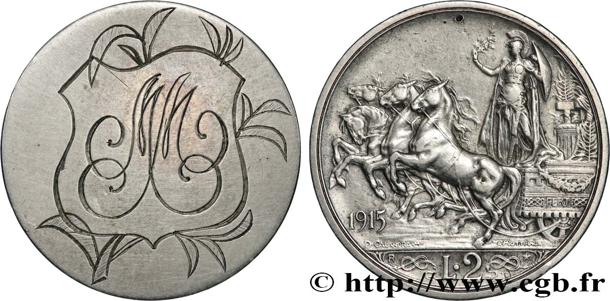 ITALY 2 Lire Victor Emmanuel III transformé en médaille de mariage XF