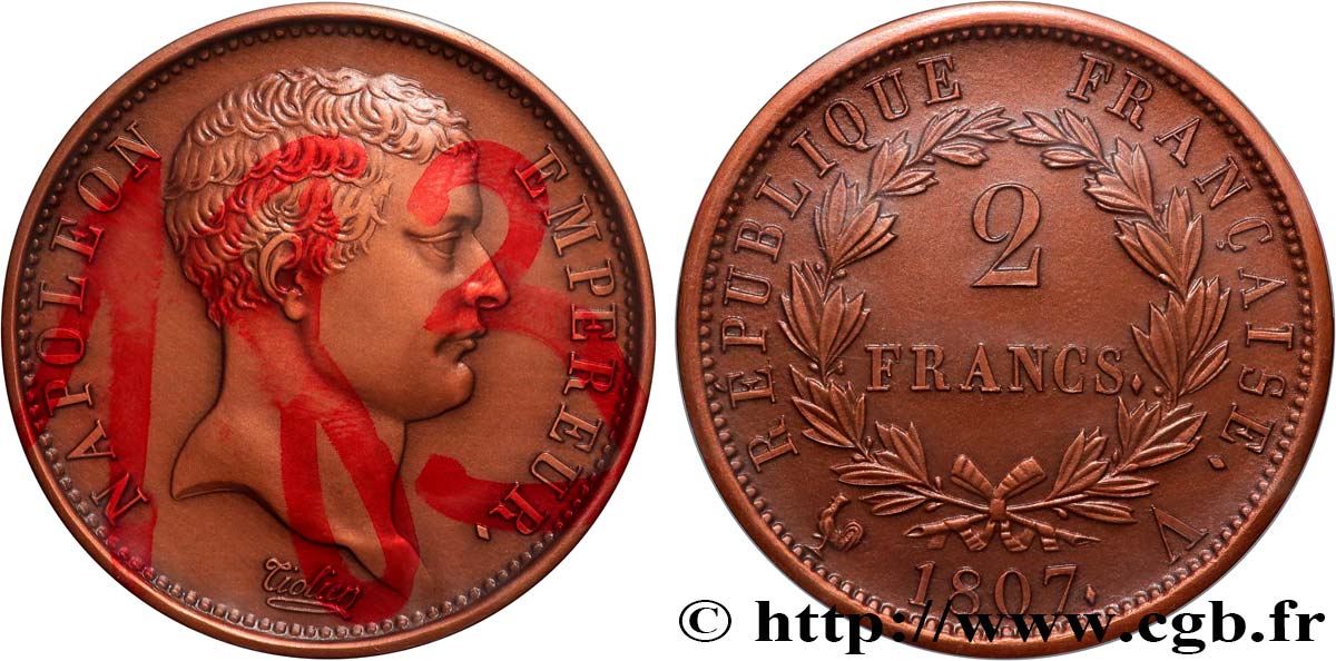 PREMIER EMPIRE / FIRST FRENCH EMPIRE Médaille, Reproduction de la 2 francs Napoléon Empereur, tête de nègre, n°183 MS