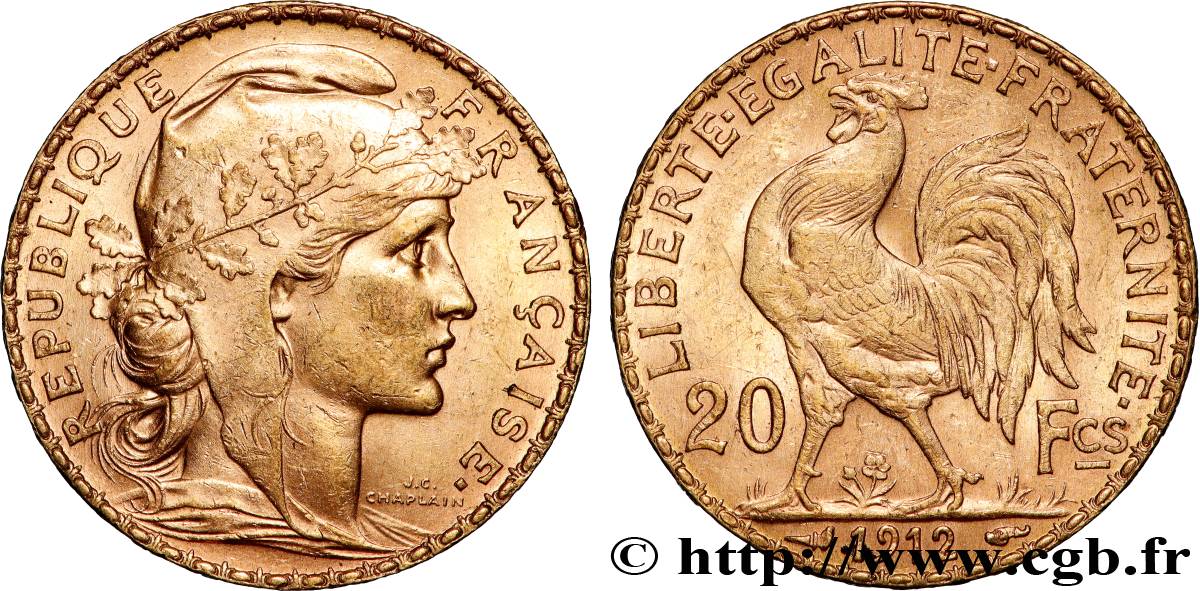 20 francs or Coq, Liberté Égalité Fraternité 1912 Paris F.535/6 MBC+ 