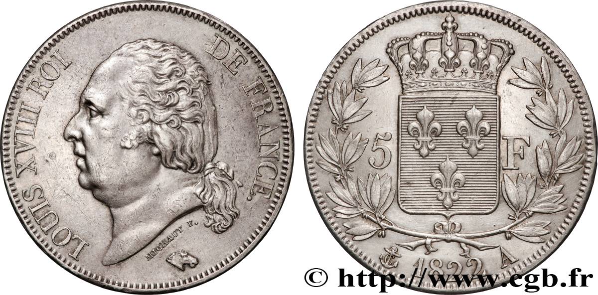 5 francs Louis XVIII, tête nue 1822 Paris F.309/68 AU 