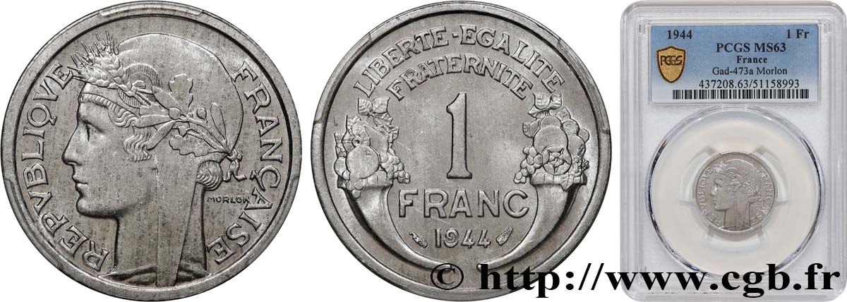 1 franc Morlon, légère 1944 Paris F.221/3 SPL63 PCGS