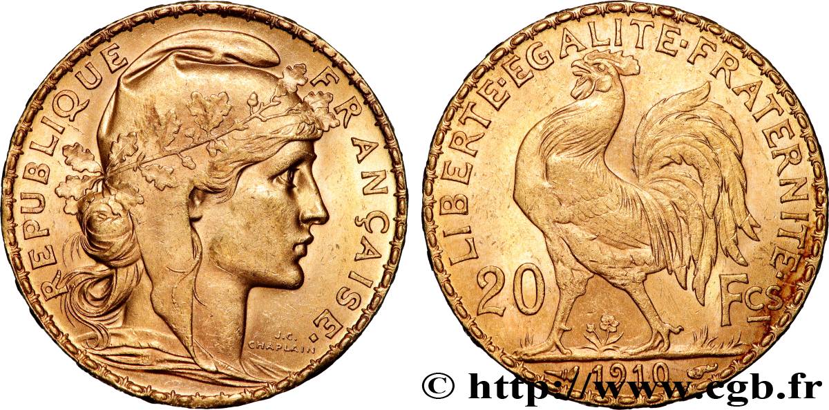 20 francs or Coq, Liberté Égalité Fraternité 1910 Paris F.535/4 SUP 