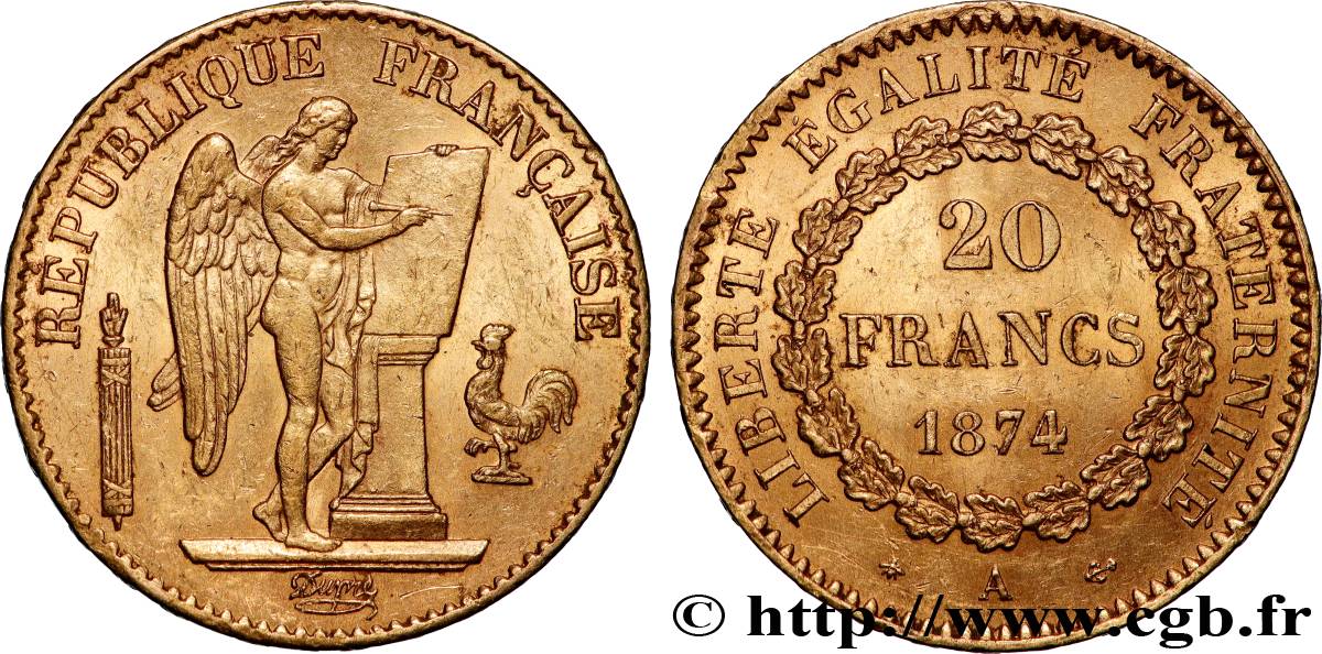 20 francs or Génie, Troisième République 1874 Paris F.533/2 SUP55 