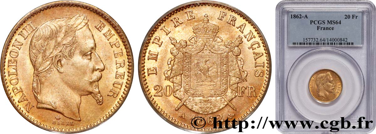 20 francs or Napoléon III, tête laurée, Petit A 1862 Paris F.532/3 SPL64 PCGS