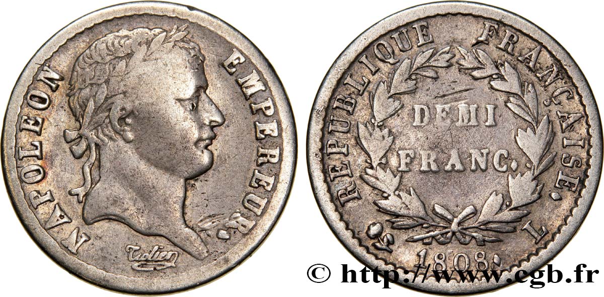 Demi-franc Napoléon Ier tête laurée, République française 1808 Bayonne F.177/10 TB25 