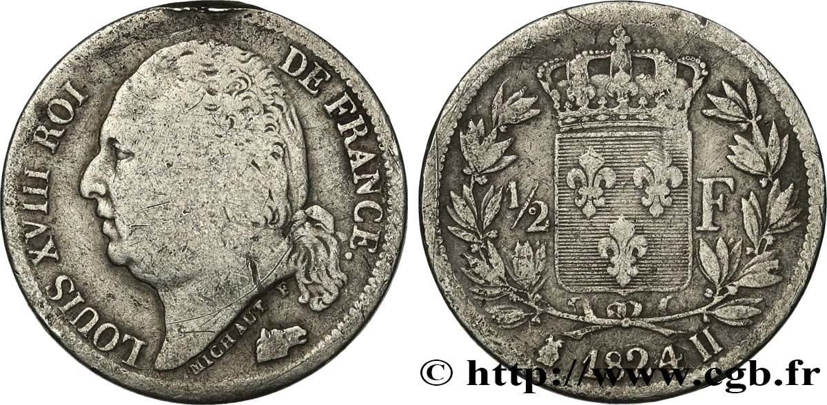1/2 franc Louis XVIII 1824 La Rochelle F.179/46 F 