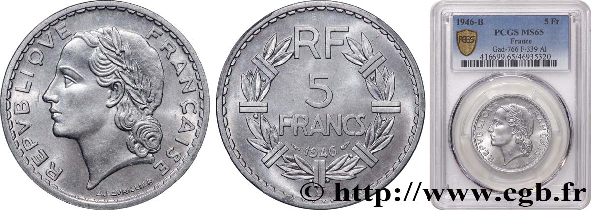 5 francs Lavrillier, aluminium 1946 Beaumont-Le-Roger F.339/7 FDC65 PCGS