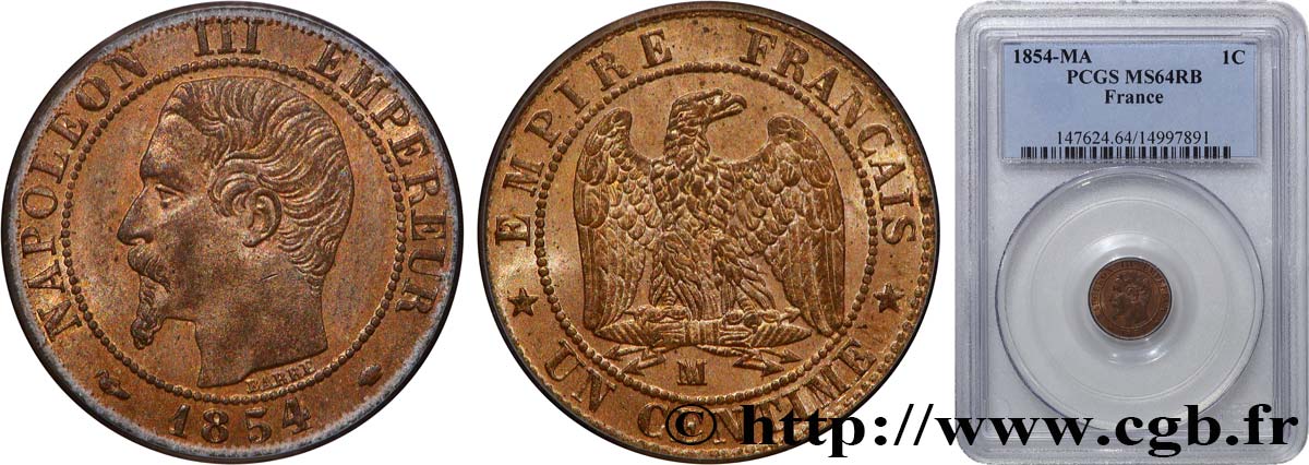 Un centime Napoléon III, tête nue 1854 Marseille F.102/14 SPL64 PCGS