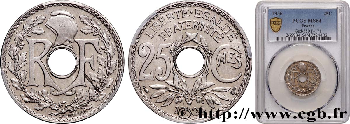 25 centimes Lindauer 1936  F.171/19 MS64 PCGS