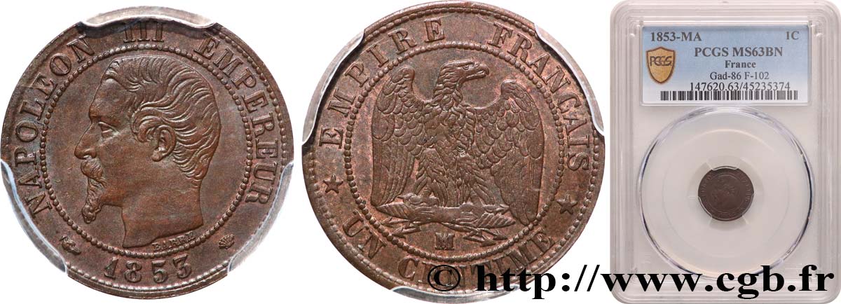 Un centime Napoléon III, tête nue 1853 Marseille F.102/7 MS63 PCGS