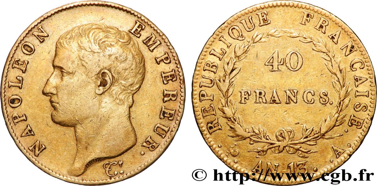 40 francs or Napoléon tête nue, Calendrier révolutionnaire 1805 Paris F.537/1 XF 