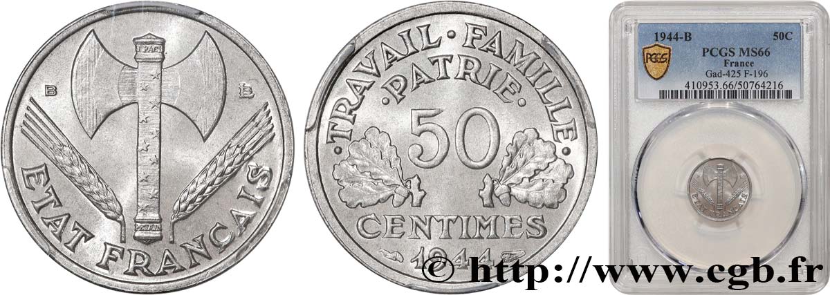 50 centimes Francisque, légère 1944 Beaumont-Le-Roger F.196/5 MS66 PCGS
