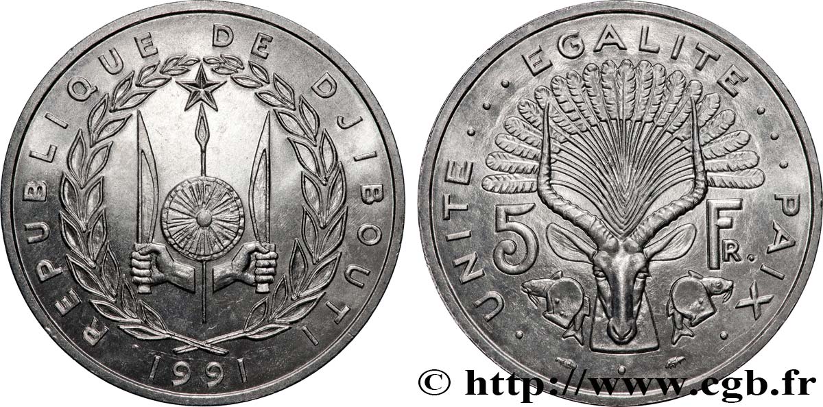 GIBUTI 5 Francs emblème / antilope 1991 Paris MS 