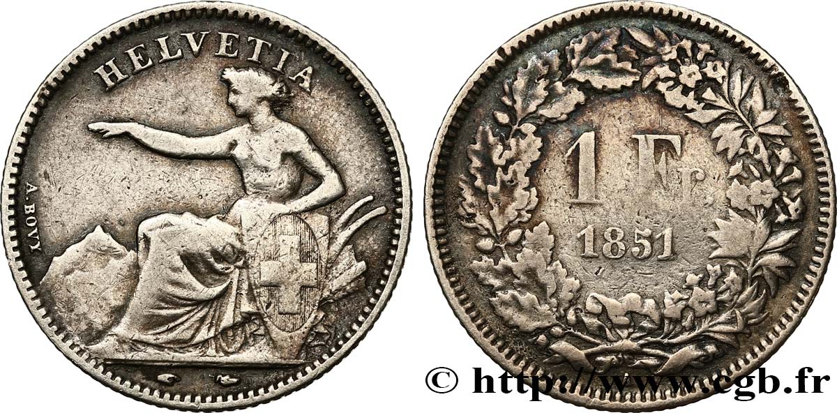 SWITZERLAND 1 Franc Helvetia assise 1851 Paris VF 