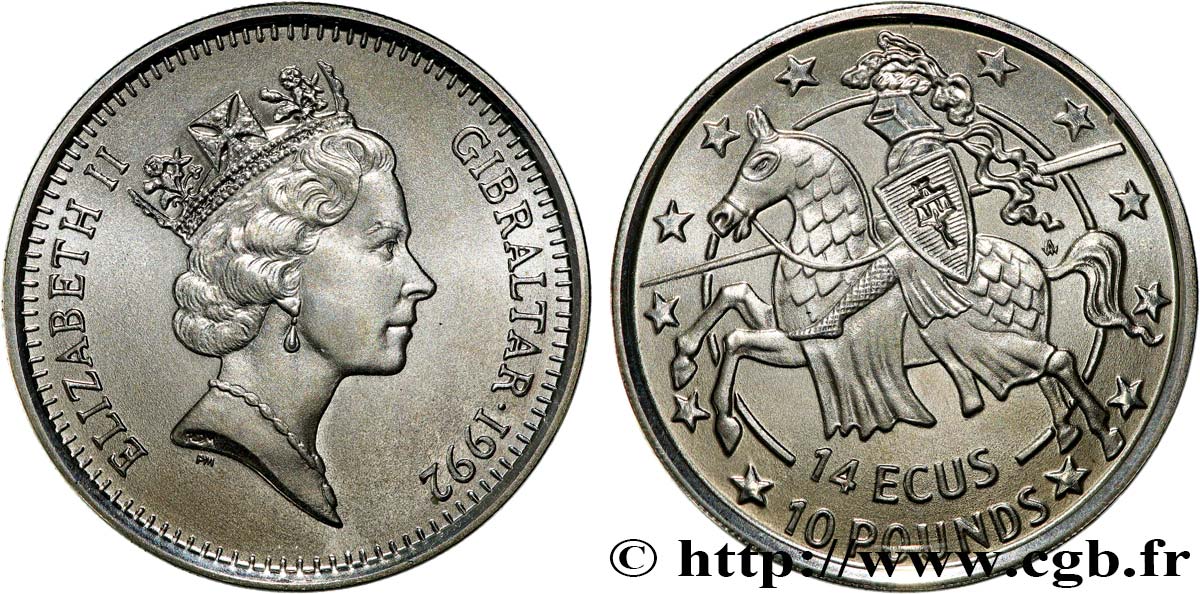 GIBRALTAR 14 Ecus - 10 Pounds Proof Elisabeth II / chevalier 1992  MS 