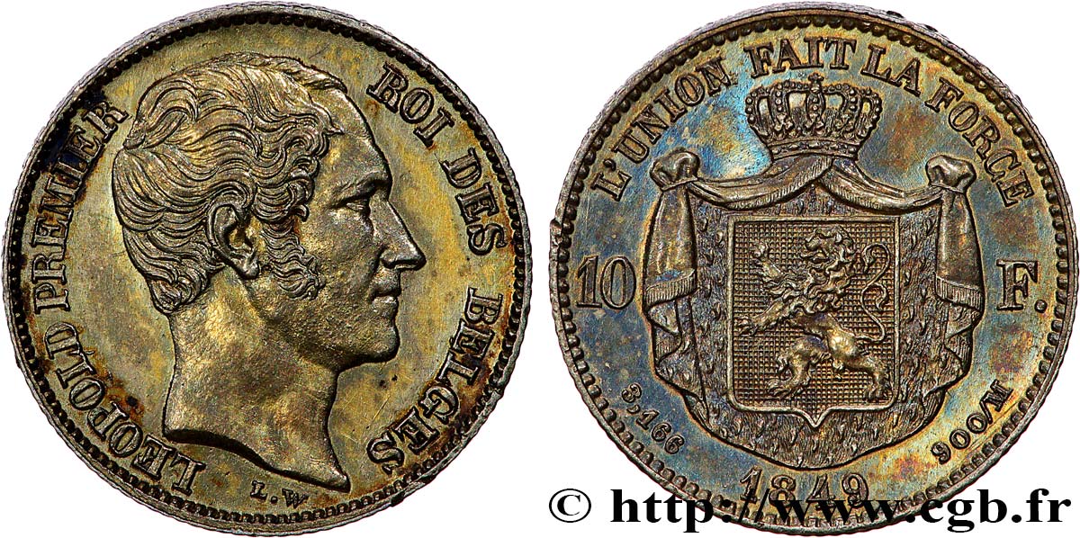BELGIQUE - ROYAUME DE BELGIQUE - LÉOPOLD Ier Essai 10 Francs tête nue en vermeil 1849 Bruxelles AU 