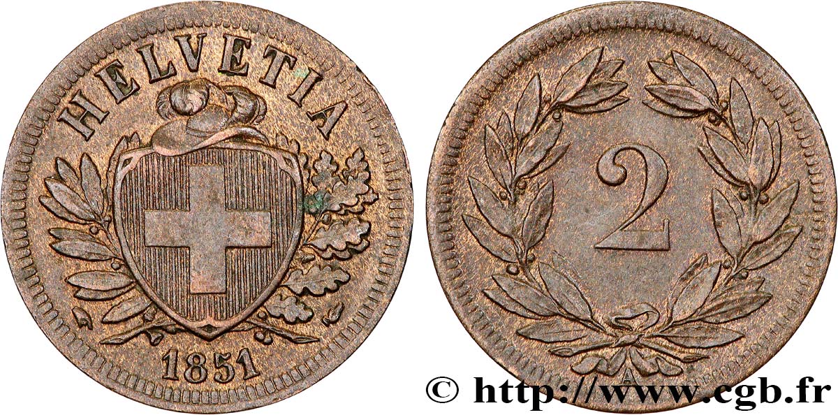 SWITZERLAND 2 Centimes (Rappen) croix suisse 1851 Paris AU 
