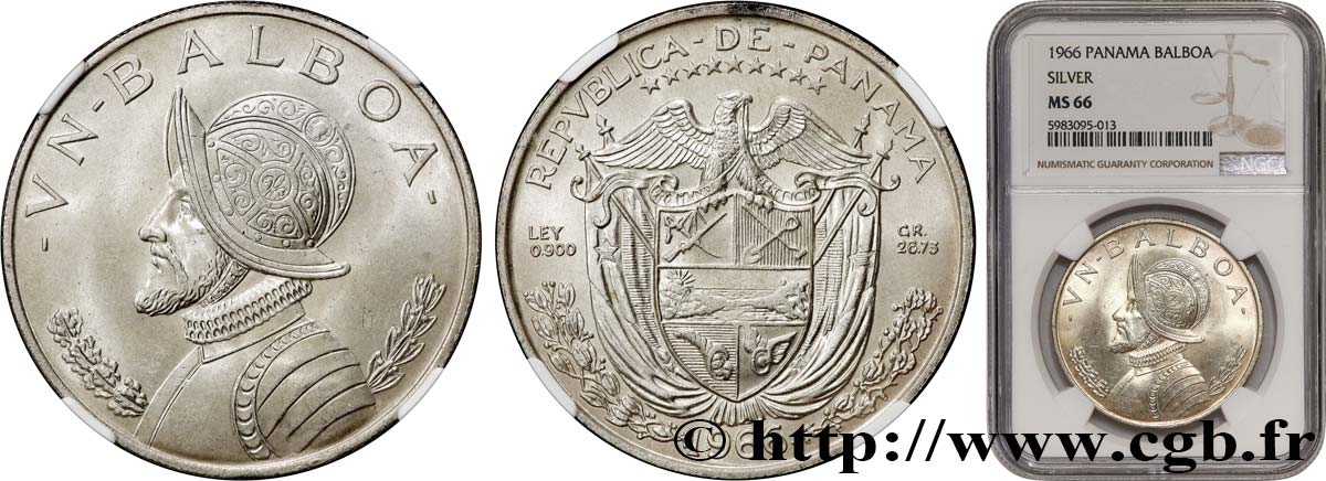 PANAMA 1 Balboa Vasco Nunez de Balboa 1966  MS66 NGC