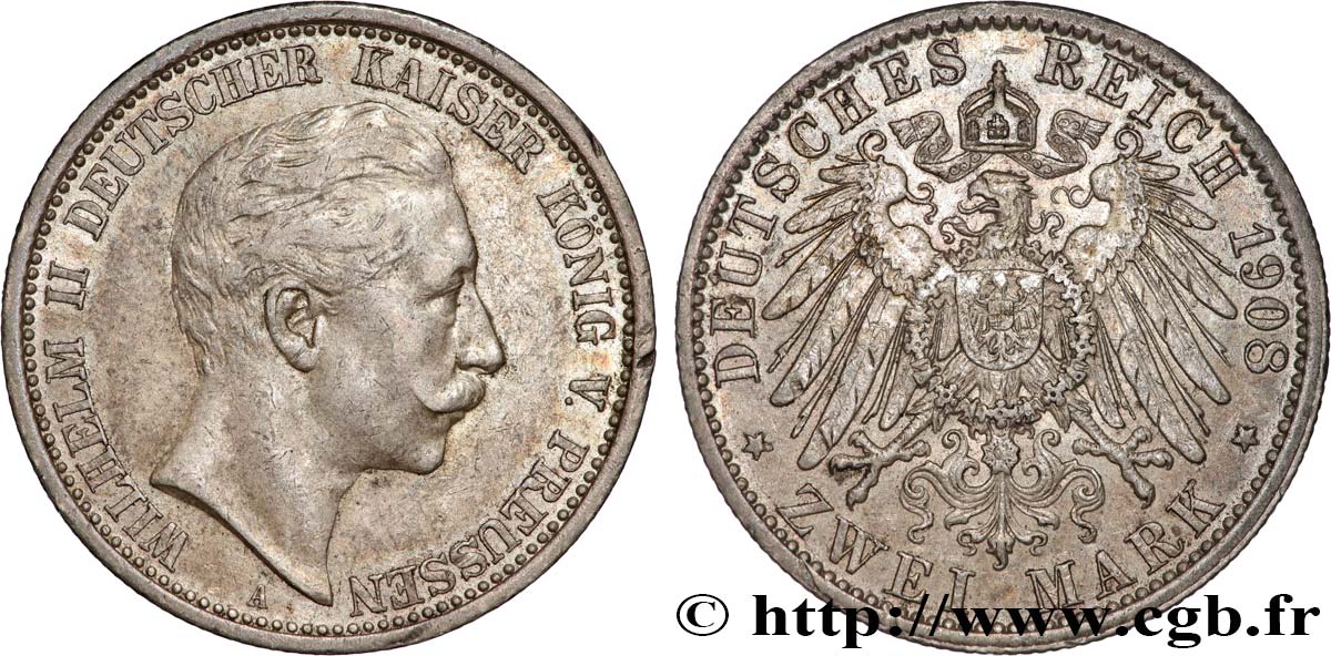 DEUTSCHLAND - PREUßEN 2 Mark Guillaume II 1908 Berlin fVZ 