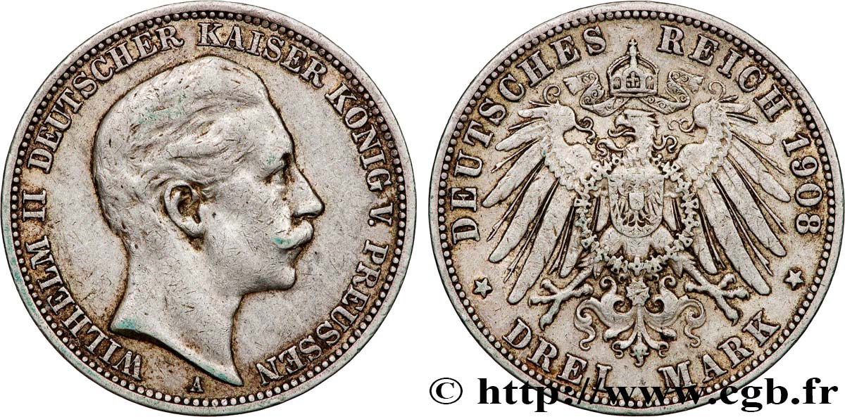 DEUTSCHLAND - PREUßEN 3 Mark Guillaume II 1908 Berlin SS 