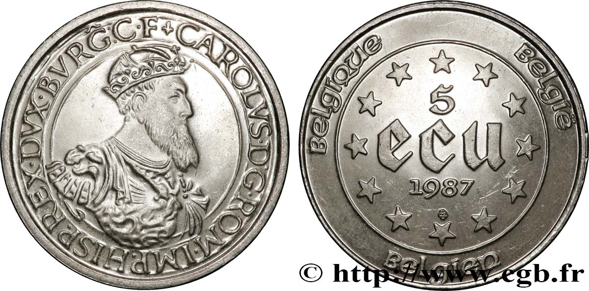 BELGIQUE 5 Ecu Charles Quint 1987  SPL 