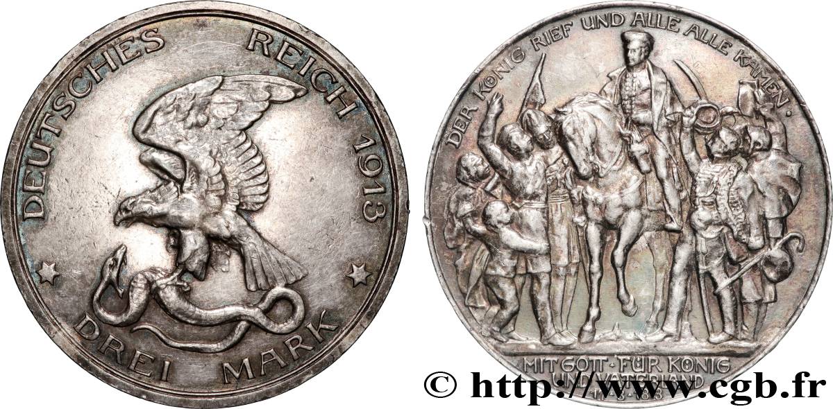 DEUTSCHLAND - PREUßEN 3 Mark 100e anniversaire défaite de Napoléon 1913 Berlin fVZ 