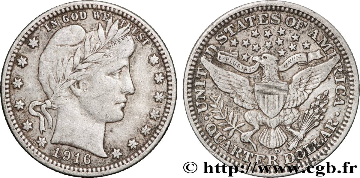 ÉTATS-UNIS D AMÉRIQUE 1/4 Dollar Barber 1916 Denver TTB+ 