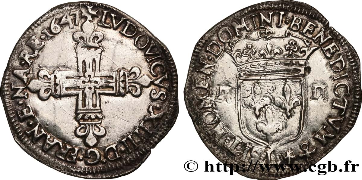 LOUIS XIV LE GRAND OU LE ROI SOLEIL Quart d écu, titulature côté croix 1647 Bayonne TTB