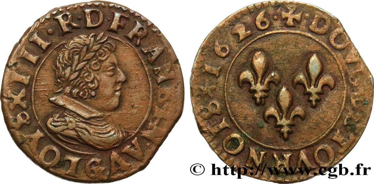 LOUIS XIII  Double tournois, 3e type de Poitiers 1626 Poitiers SPL