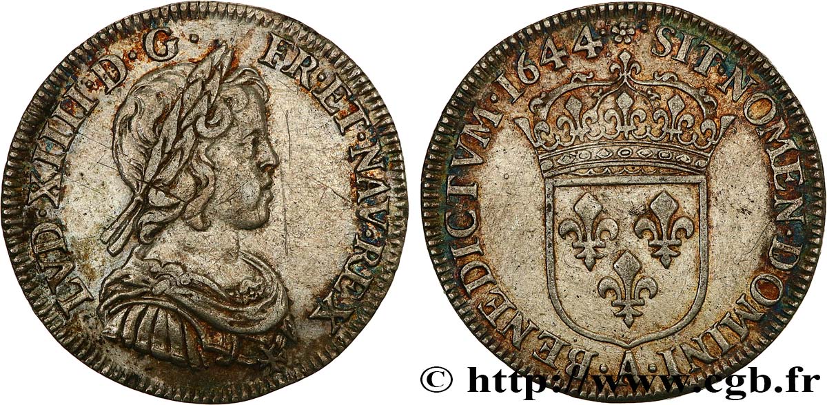 LOUIS XIV  THE SUN KING  Quart d écu, portrait à la mèche courte 1644 Paris, Monnaie de Matignon AU