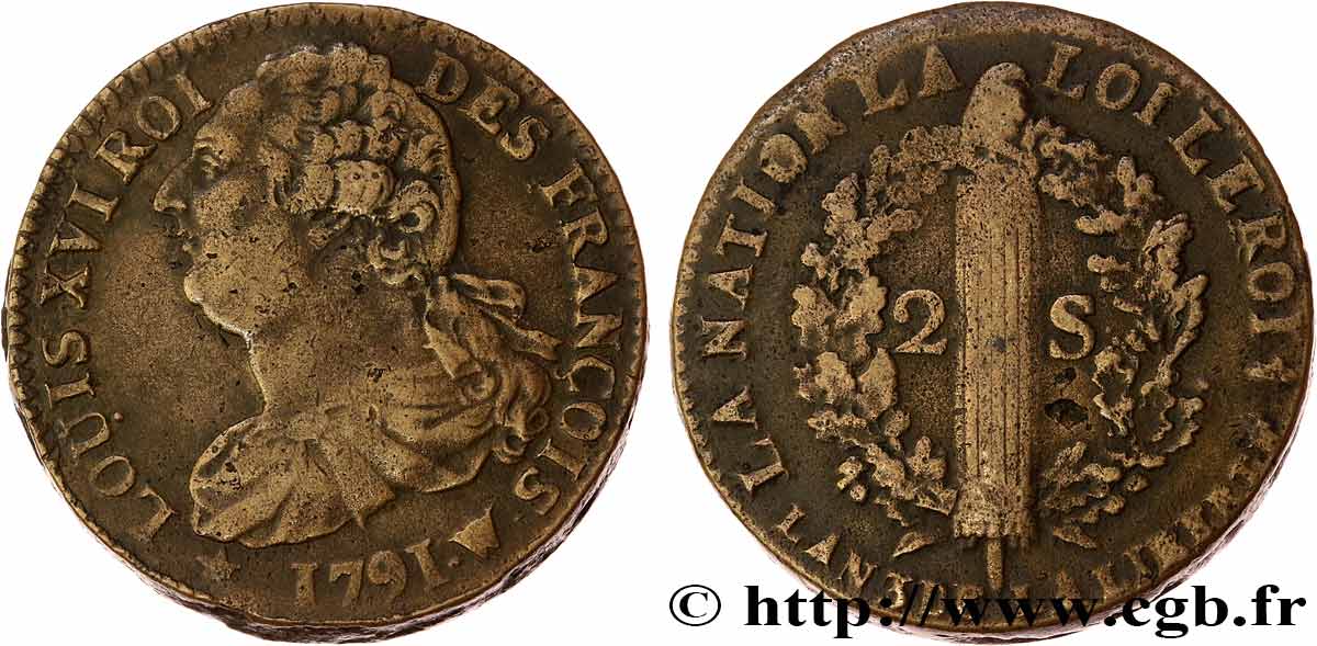 LOUIS XVI 2 sols dit  au faisceau , type FRANÇOIS 1791 Lille XF