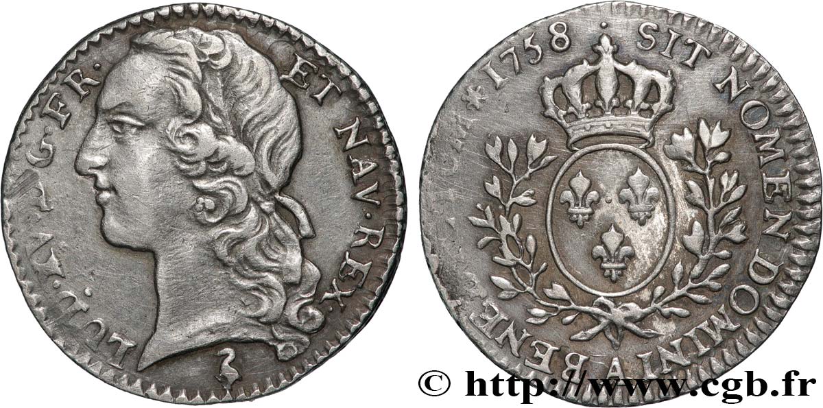 LOUIS XV  THE WELL-BELOVED  Dixième d écu aux branches d’olivier, tête ceinte d’un bandeau 1758 Paris MBC+/MBC