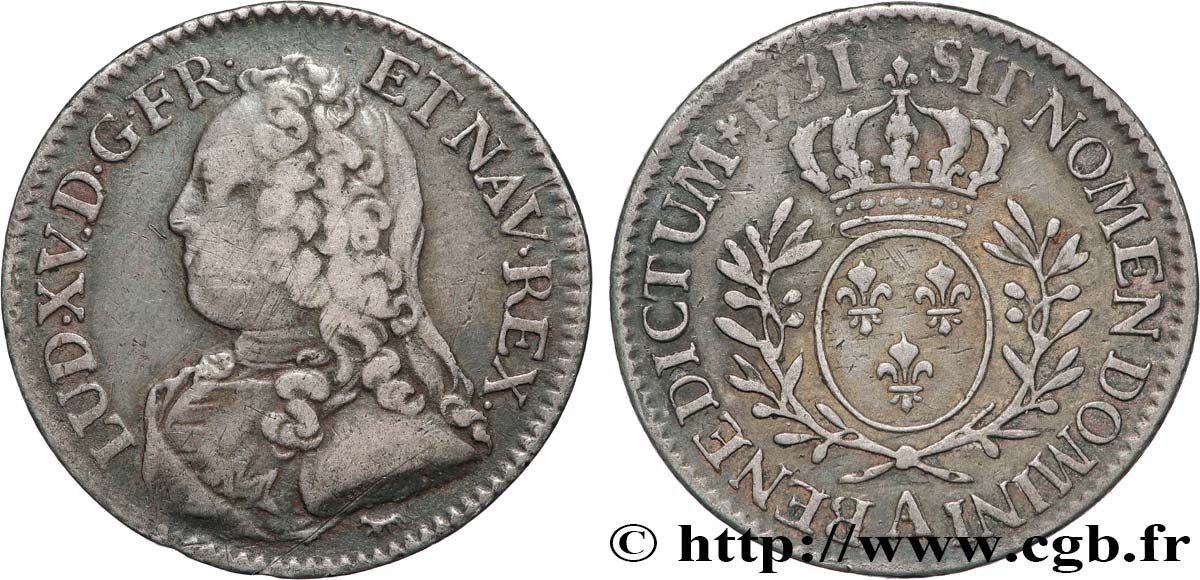 LOUIS XV THE BELOVED Cinquième d écu aux branches d olivier, buste habillé 1731 Paris XF