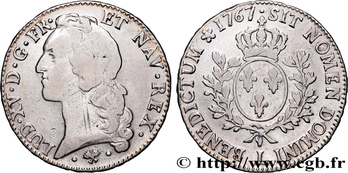 LOUIS XV DIT LE BIEN AIMÉ Écu aux branches d’olivier, tête ceinte d’un bandeau 1767 Bayonne TB+