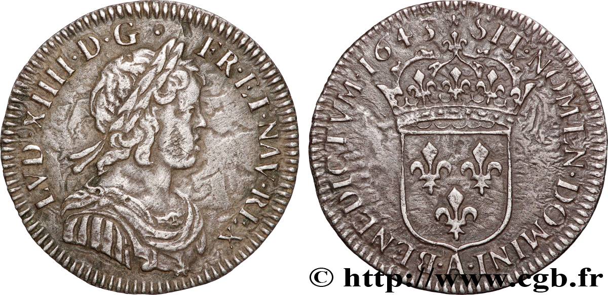 LOUIS XIV  THE SUN KING  Douzième d écu, portrait à la mèche courte 1643 Paris, Monnaie de Matignon VF