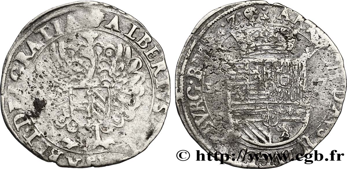 PAYS-BAS ESPAGNOLS - BRABANT - DUCHÉ DE BRABANT - ALBERT ET ISABELLE Escalin au paon de six sols 1617 ? Bruxelles VF